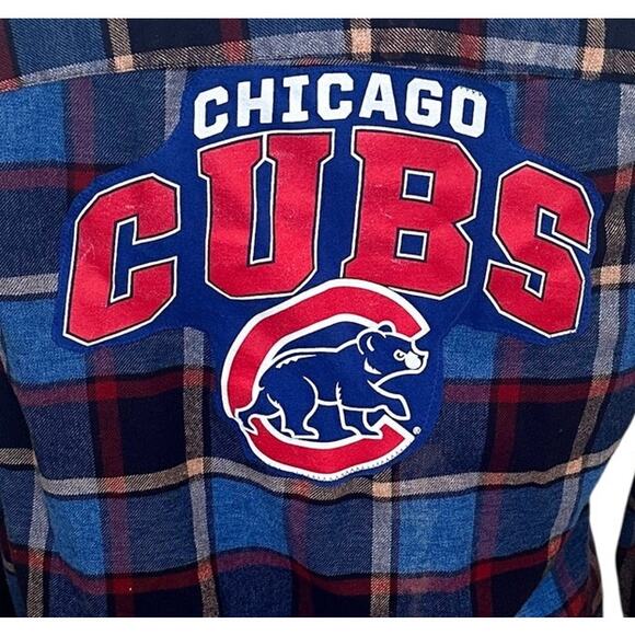 Chicago Cubs Baseball Plaid Flannel Shirt SMALL Oversized Shacket Unique Upcycle - Picture 2 of 6